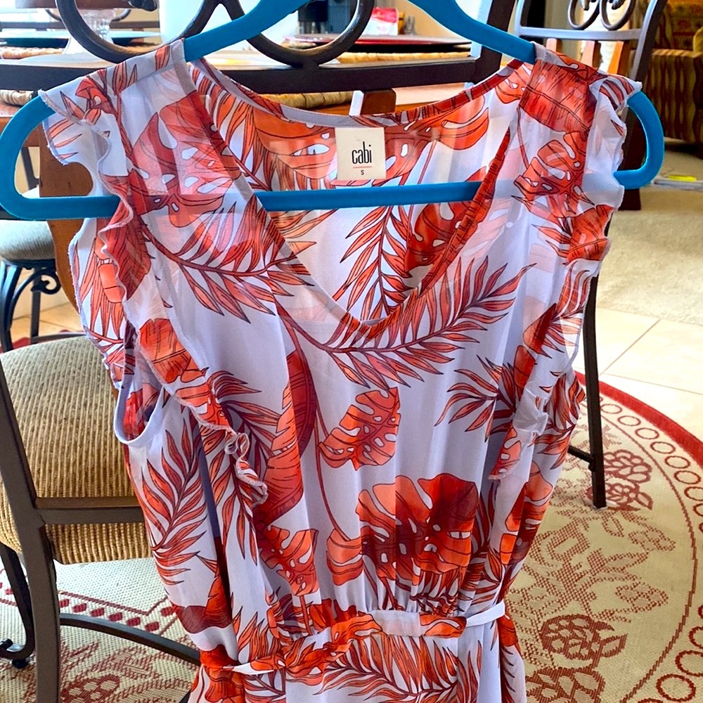 Cabi Women's Isabel Palm Leaf Ruffle Dress w/Blue Liner - Size Small